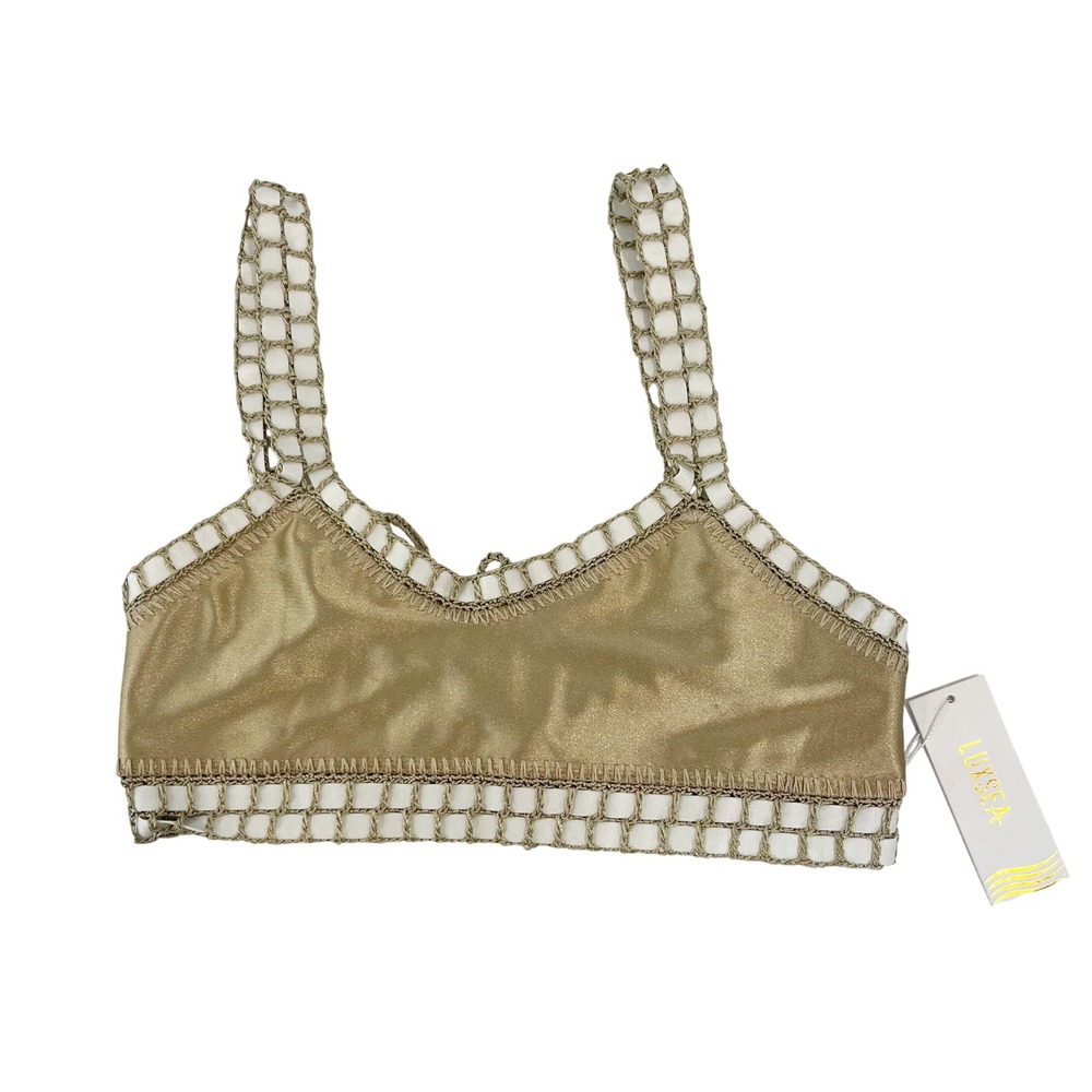 NEW LUXSEA Metallic Gold Crochet Bikini Top‎ Tassel Lace Up Boho Swim Size Small